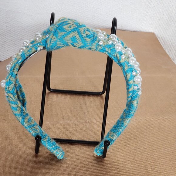 Handmade Poly Turquoise Sweater Material White Faux Pearl Embellished Headband - Picture 12 of 16